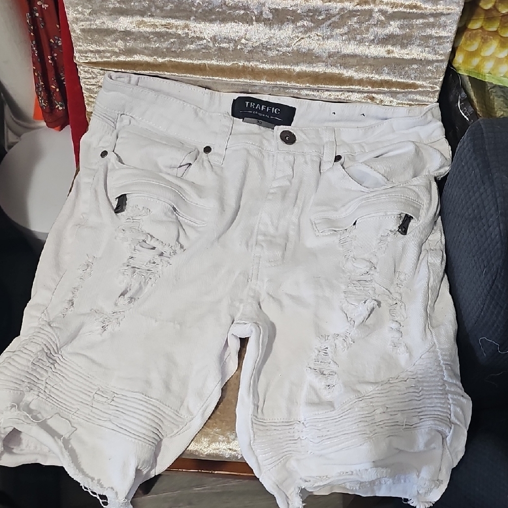 Traffic Distressed White Jean Shorts